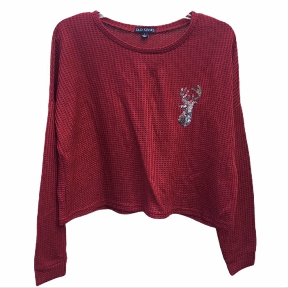 Christmas Sequins Happy Holla Days Red cotton Reindeer Top Size Large